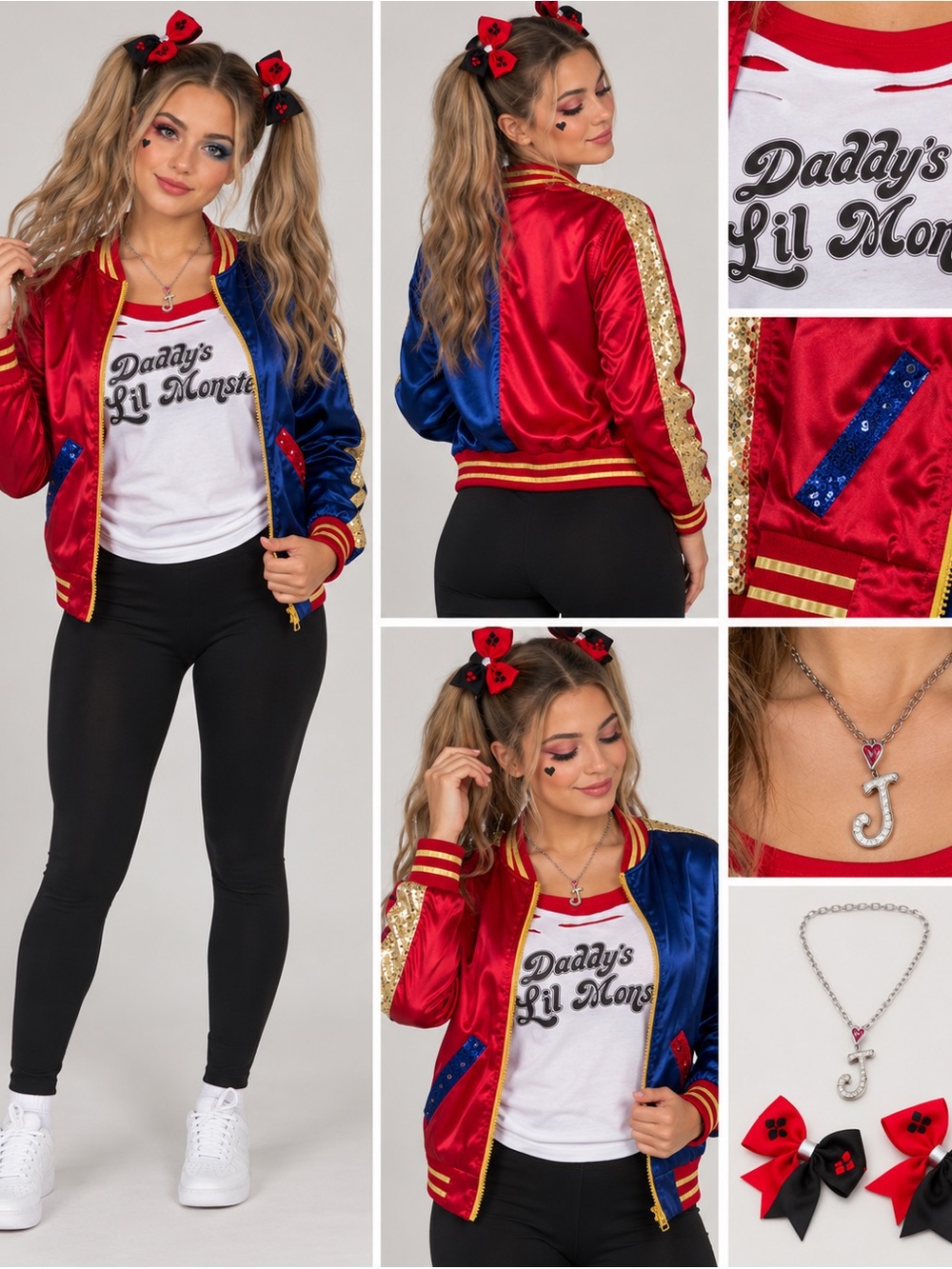 Harley Quinn Suicide Squad Halloween Costume Bundle Jacket Shirt Accessories M/L